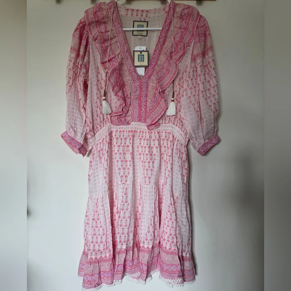 Bell Rain‎ Light Past pink Multi Puff Sleeve Mini Dress Silk Sz Large - Picture 5 of 12